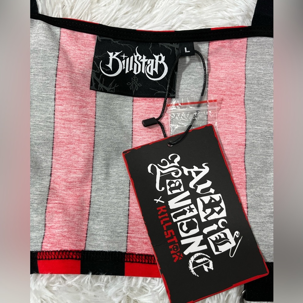 KILLSTAR x AVRIL LAVIGNE Setlist Zip Up Crop Top Tank Vest Striped Black Red L - Picture 16 of 16